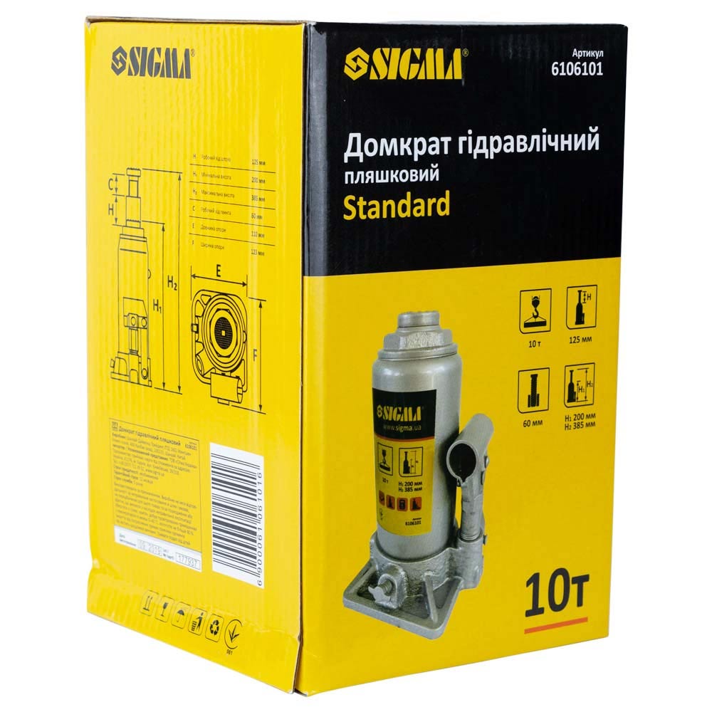 Домкрат гидравлический бутылочный 10т H 200-385мм Standard SIGMA (6106101)