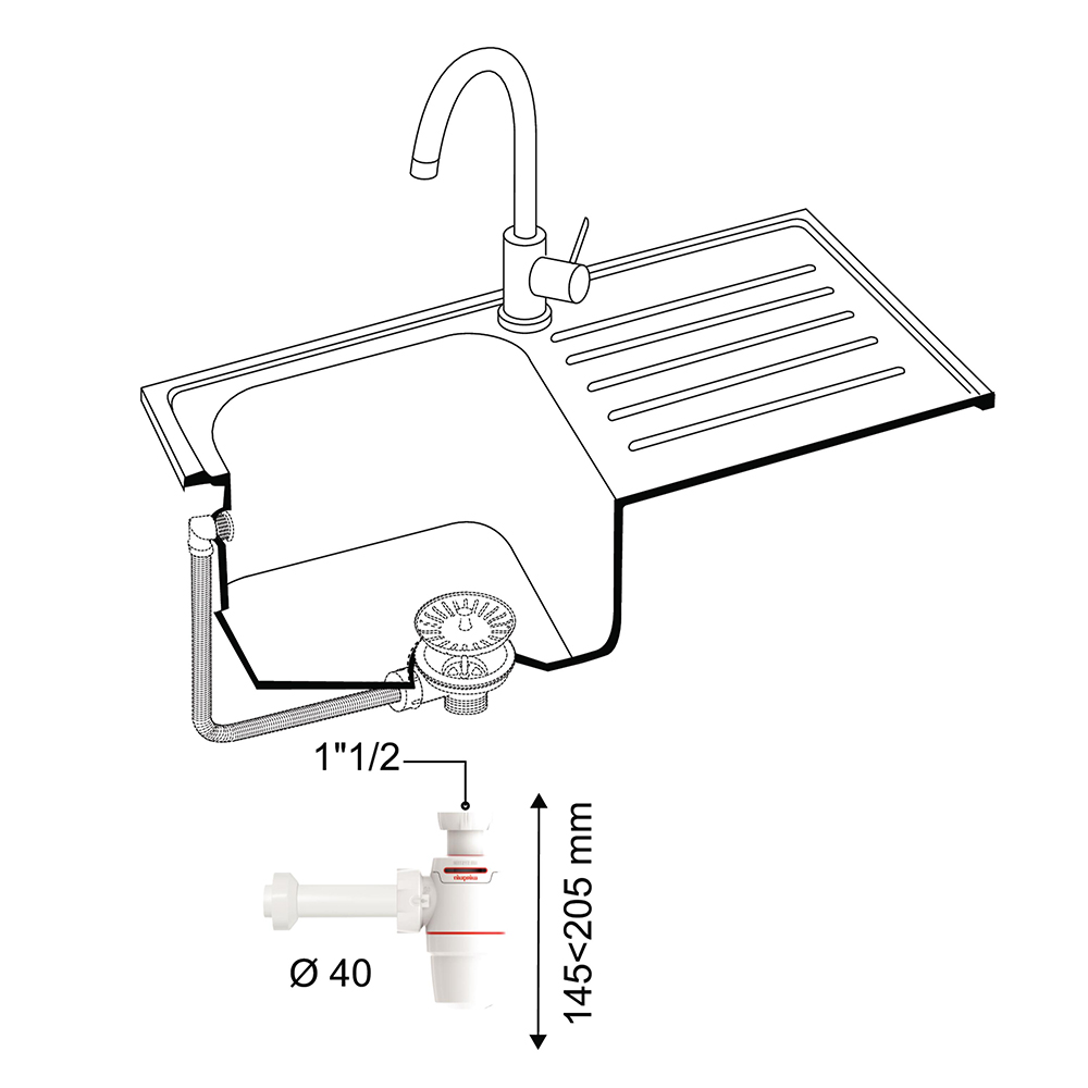 Сифон для кухонной мойки Neo Air 1½"×Ø40мм с отводом WIRQUIN (9542330) - фото №2 - мал.