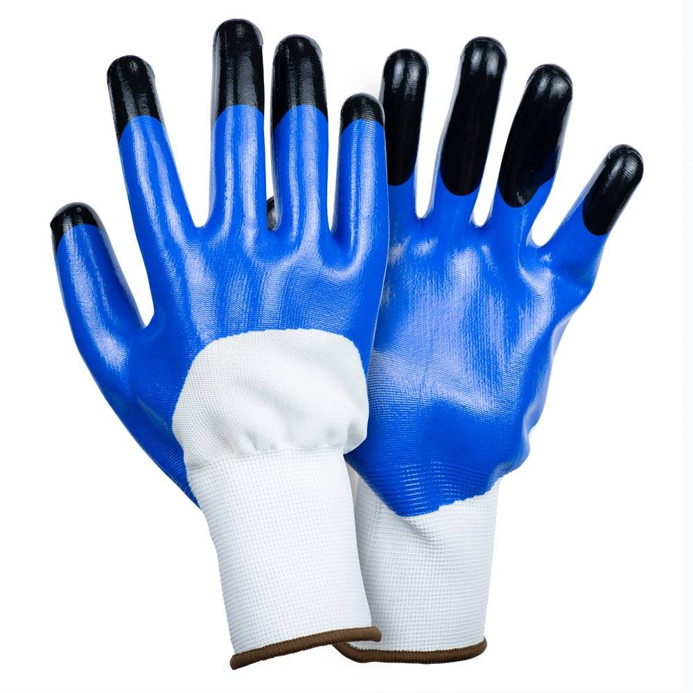 перчатки трикотажные с частичным нитриловым покрытием усиленные пальцы р9 (сине-чёрные манжет)