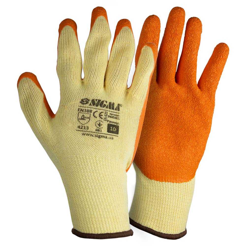 Перчатки трикотажные с частичным латексным покрытием кринкл р10 (оранж, манжет) SIGMA (9445461) - фото №1 - мал.
