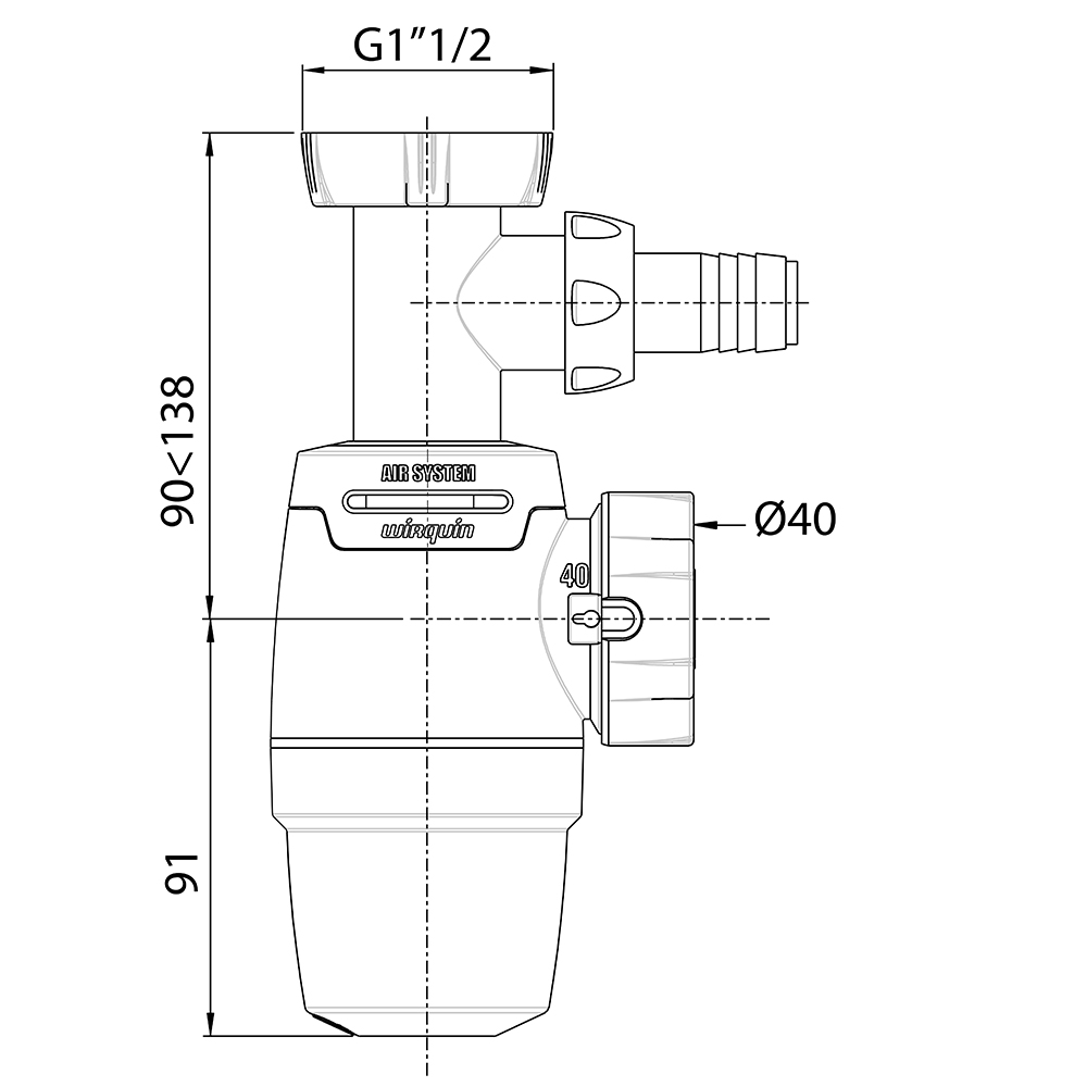 Сифон для кухонної мийки Neo Air 1½"×Ø40мм з підведенням WIRQUIN (9542321) - фото №2 мал.