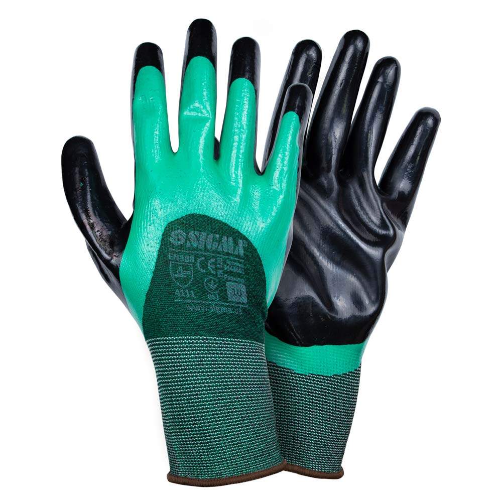 Перчатки трикотажные с двойным нитриловым покрытием р10 (зелено-черные, манжет) SIGMA (9443601) - фото №1 - мал.