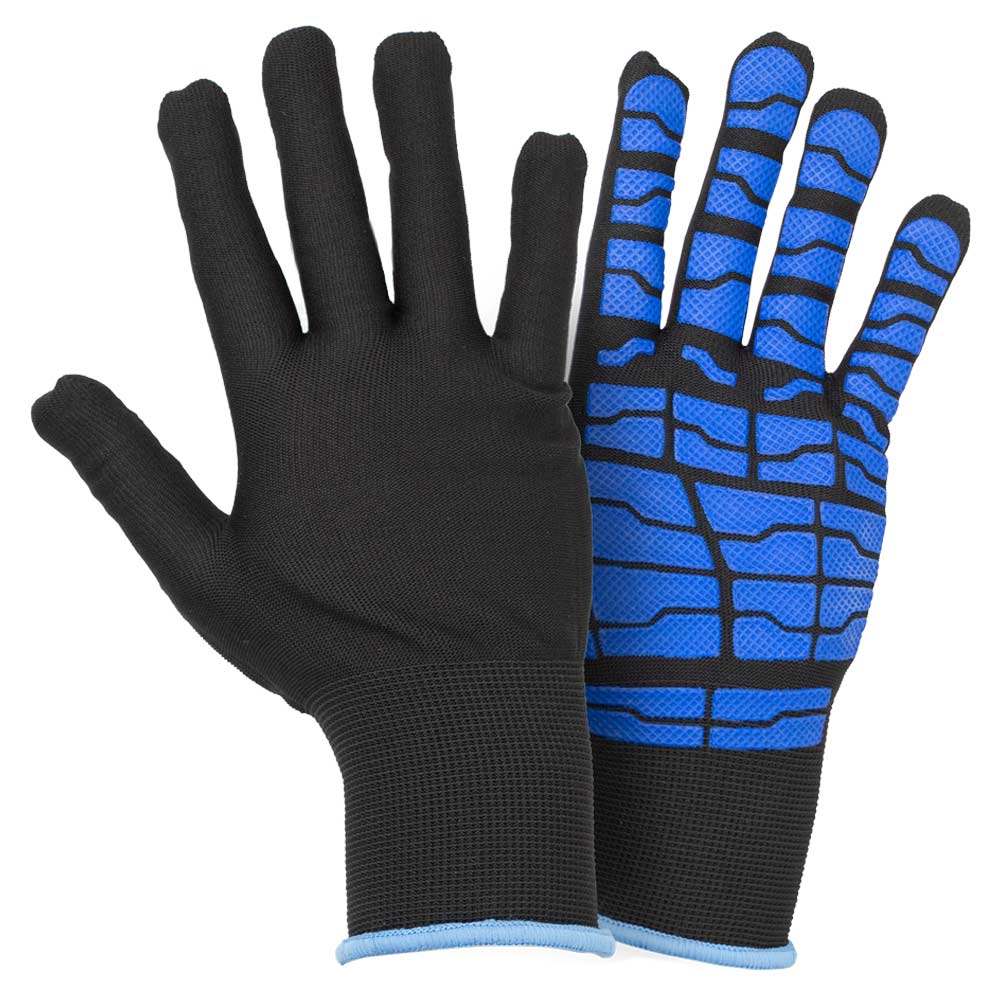 перчатки трикотажные с латексным покрытием (паутина на ладони) р9 (синие манжет)
