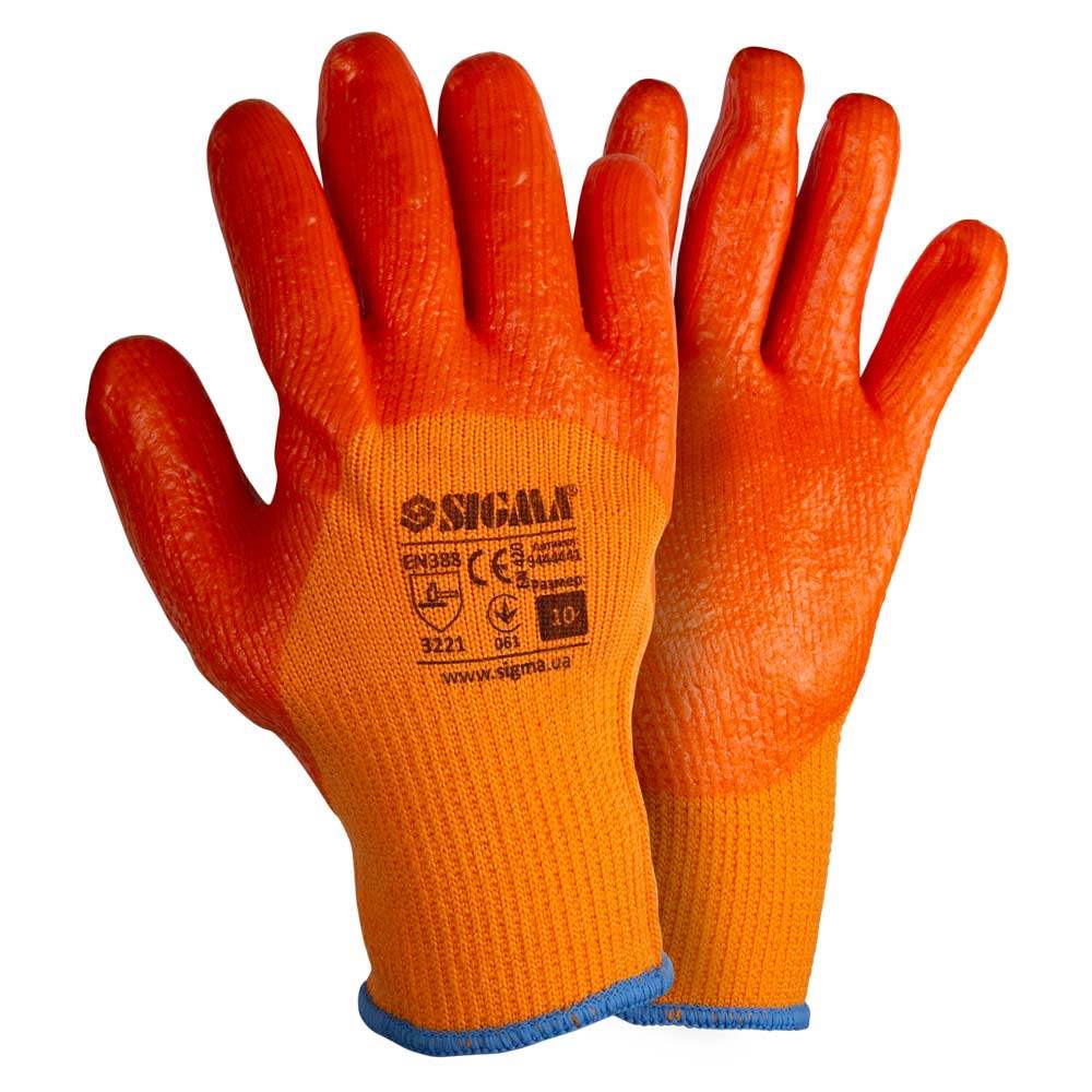 перчатки трикотажные с частичным ПВХ покрытием утепленные р10 (оранж манжет)