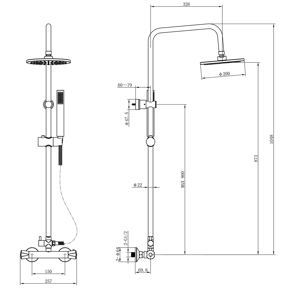 Душова система Piave з термостатичним змішувачем CORSO (9663400) - фото №2 мал.