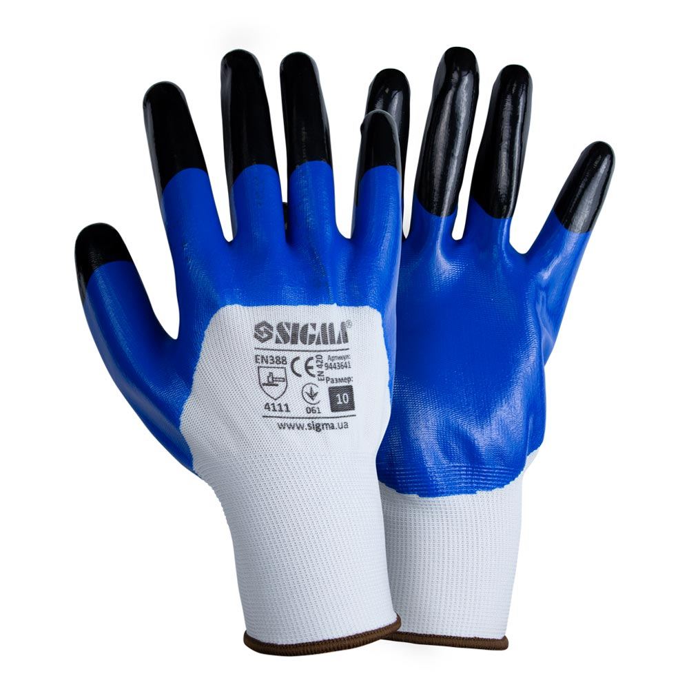 Перчатки трикотажные с частичным нитриловым покрытием усиленные пальцы р10 (сине-черные, манжет) SIGMA (9443641) - фото №1 - мал.